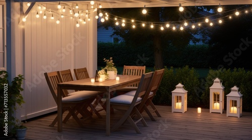 outdoor lighting over a deck with a table and some lanterns © olegganko