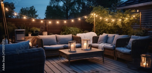wicker patio furniture on a wooden deck beside lighting and lighting string