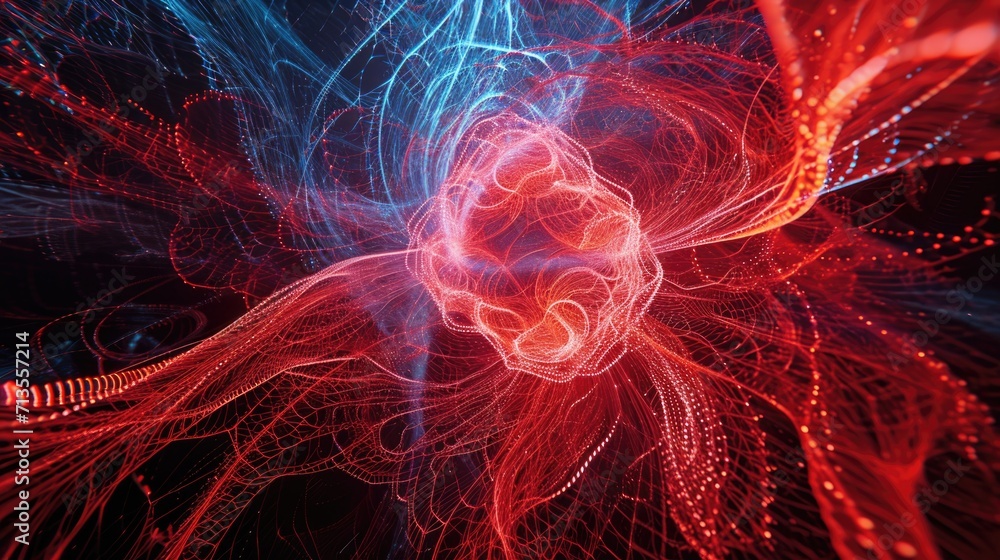 Abstract background of chaotic blue and red lines, dots and a circular plexus in the center Abstract background of chaotic blue and red lines, dots and a circular plexus in the center