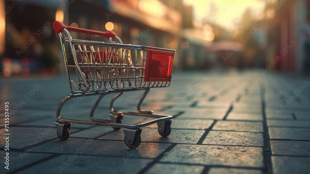 A small shopping cart sitting on a sidewalk. Ideal for illustrating urban life and consumerism