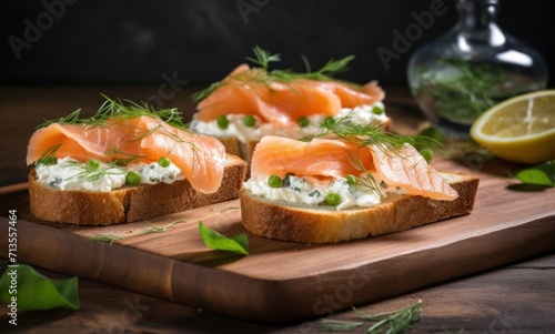 salmon sandwiches on a wooden board