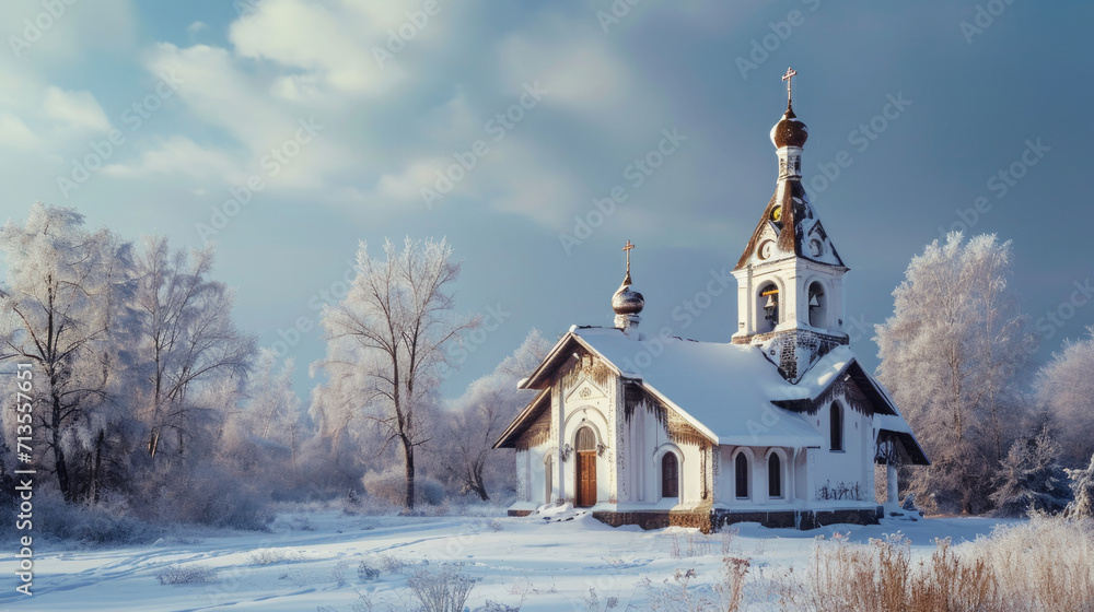 A church standing alone in the middle of a snowy field. Perfect for winter-themed designs and religious concepts