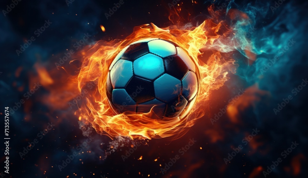 Naklejka premium soccer ball in flames on dark background