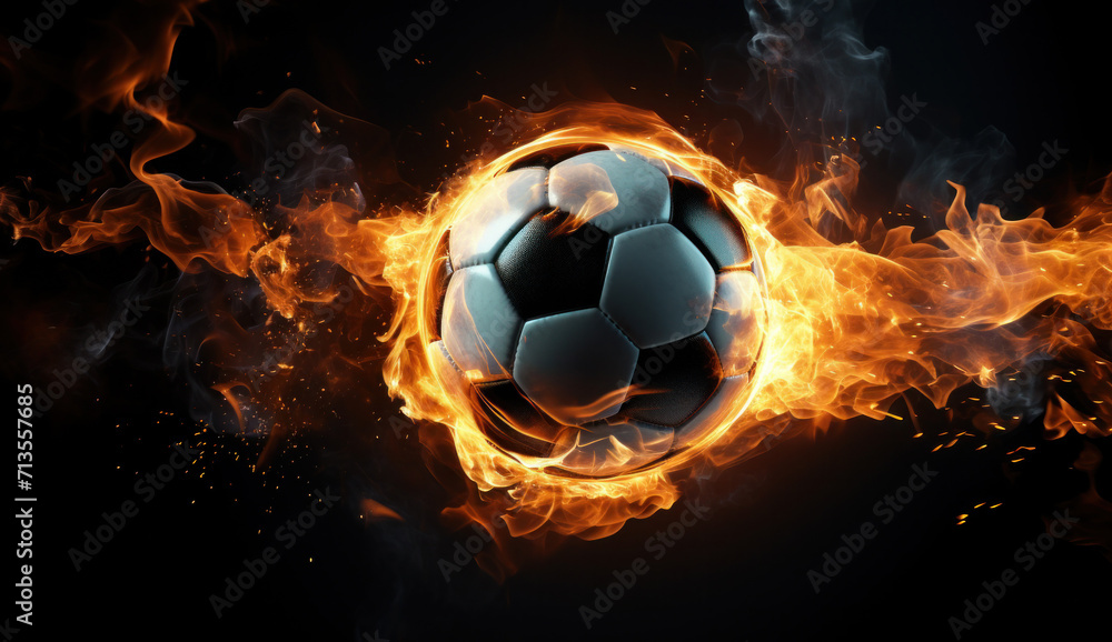 Naklejka premium soccer ball in flames on dark background