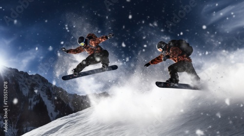 snowboarders catching air off a large jump, with snow spraying behind them
