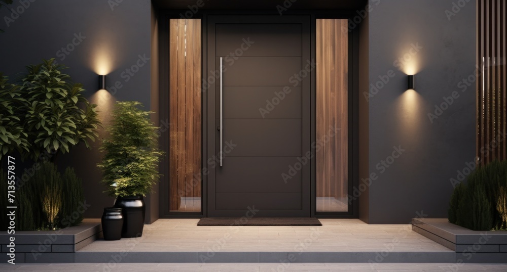 the door of a house with potted plants - obrazy, fototapety, plakaty 