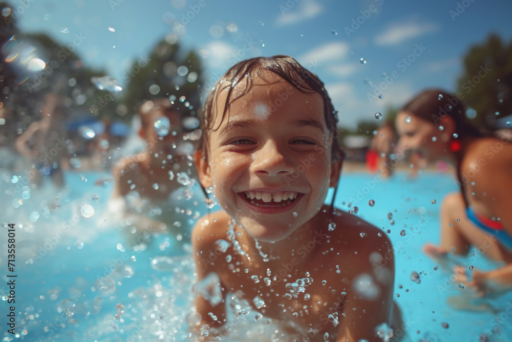 A young boy is captured smiling and having fun while playing in a pool. This image can be used to depict joy, summer activities, and family leisure time A young boy is captured smiling and having fun while playing in a pool. This image can be used to depict joy, summer activities, and family leisure time
