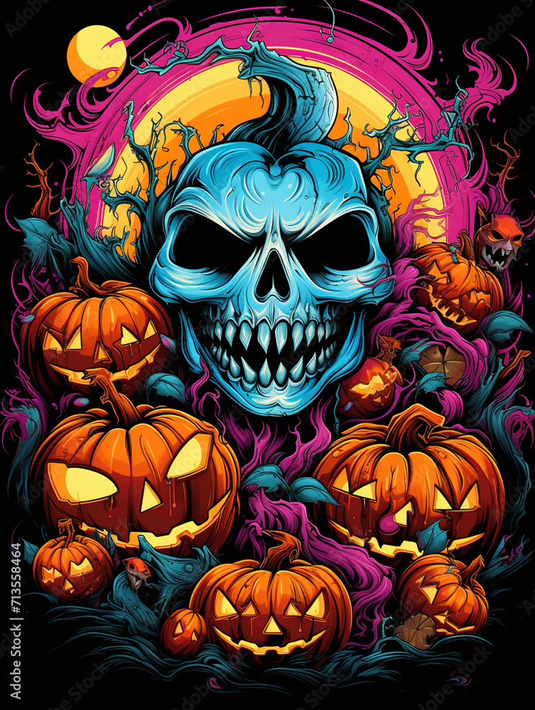 T-shirt design, colored halloween horror coloring page in vivid colors, realistic created with Generative Ai