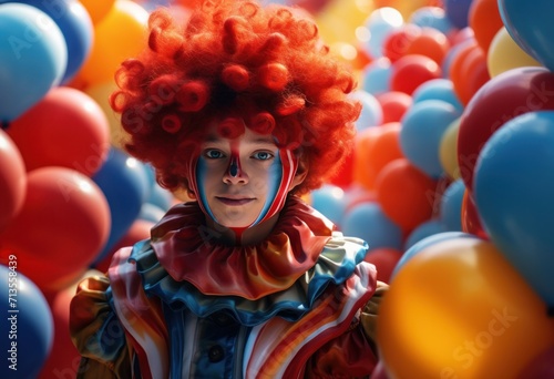 young clown in the clown outfit poses with balloons