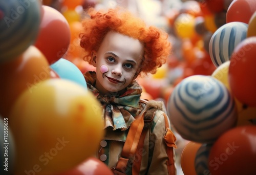 young clown in the clown outfit poses with balloons