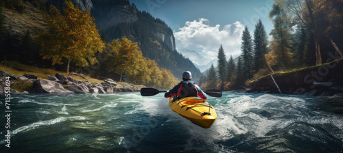 kayaking kayaker on a rapid in forest background with mountain scenery © olegganko