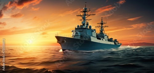 navy ship in the ocean on a sunset