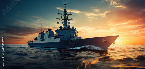 navy ship in the ocean on a sunset