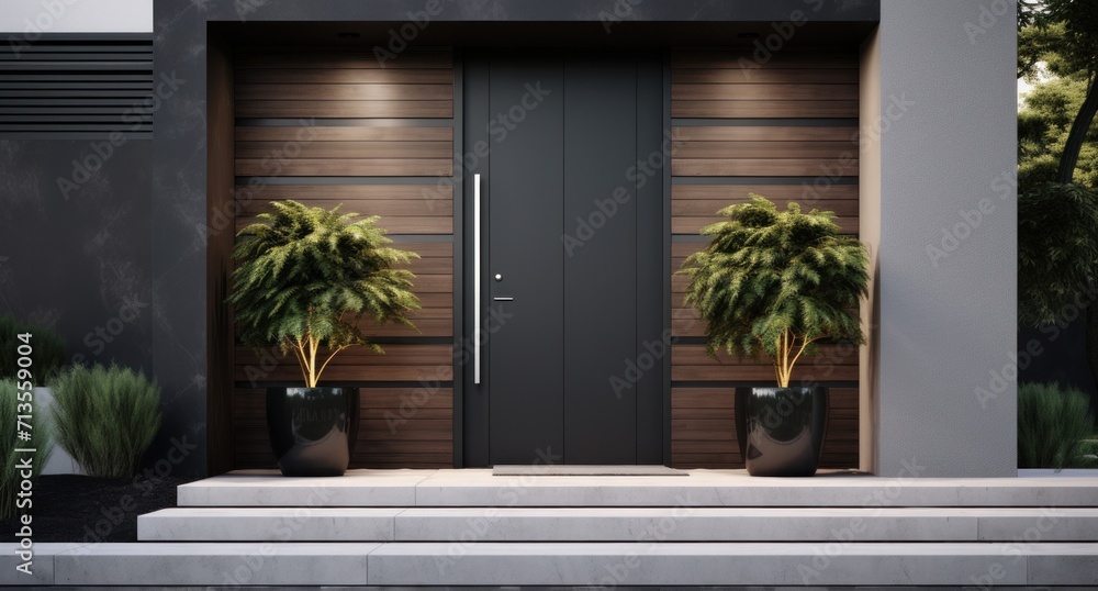 modern home with black door and plants in pots
