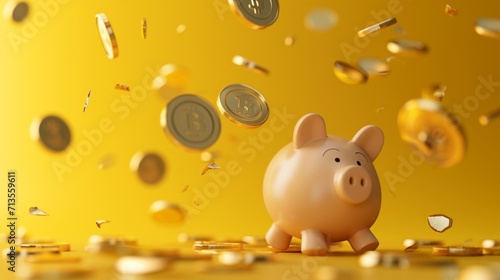 Golden coins flying and floating to piggy bank for creative financial saving and deposit concept with copy space , 3d render. photography