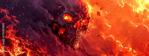  The image depicts a fiery, demonic skull submerged in flames, with a menacing gaze and a molten texture, suitable for horror or fantasy-themed content. photo