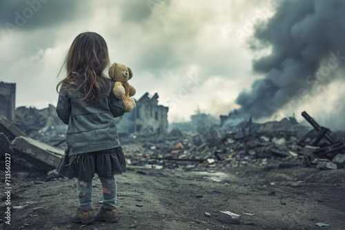little girl looking at destroyed buildings photo