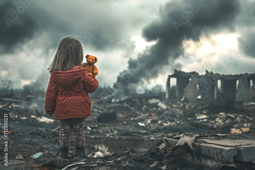 little girl with a toy amidst war-damaged buildings