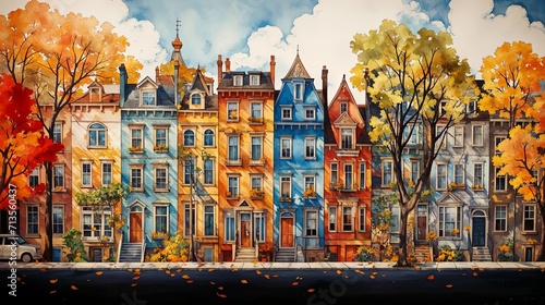 houses in autumn with trees wearing orange leaves. painted with watercolors