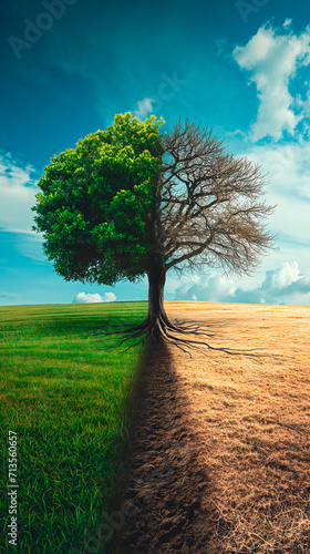 Paisaje formado por un árbol con la mitad con ramas secas sin hojas sobre un terreno estéril y la otra mitad con hojas verdes sobre un terreno fértil como símbolo del cambio climático photo