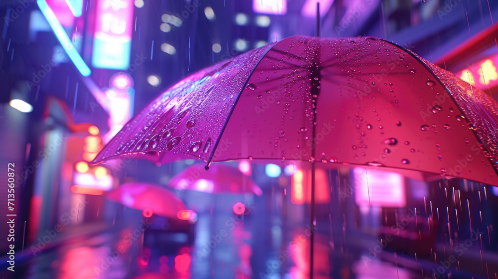 A red umbrella is seen in the rain on a city street. This picture can be used to represent protection from the elements or to create a mood of solitude in a busy urban environment