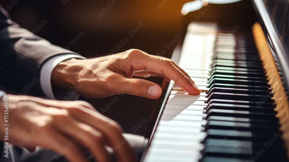 Obraz premium Closeup man hands playing on a piano keyboards with space for copy