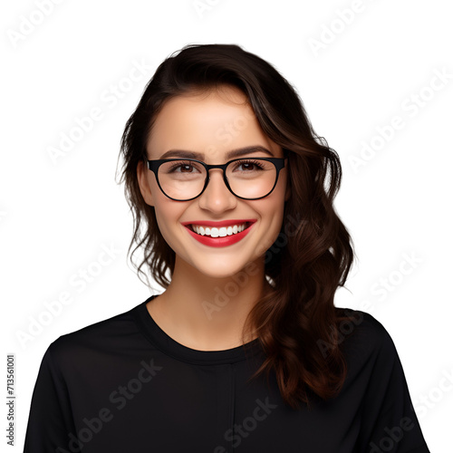 A portrait showcasing the radiant smile of a content teacher with glasses, Isolated on Transparent Background, PNG