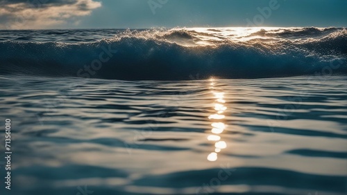 sunrise over the lake A blue water sea waves illustration, showing the reflection and the distortion of the water.  