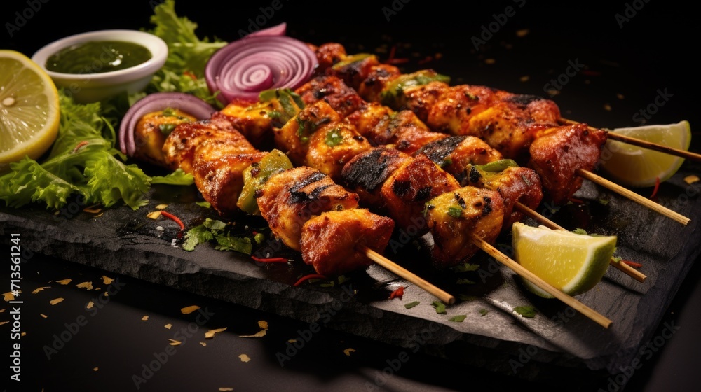 Spiced skewers with chicken and vegetables on a dark table