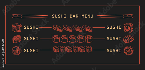 Restaurant sushi menu template on dark background. Isolated vector set of asian food in hand drawn doodle style. Wasabi, ginger, soy sauce and sushi sticks.