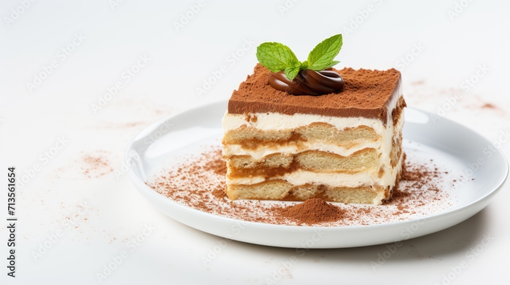 Piece of a delicious tiramisu cake with cacao powder on a white plate on the table with space for copy Piece of a delicious tiramisu cake with cacao powder on a white plate on the table with space for copy