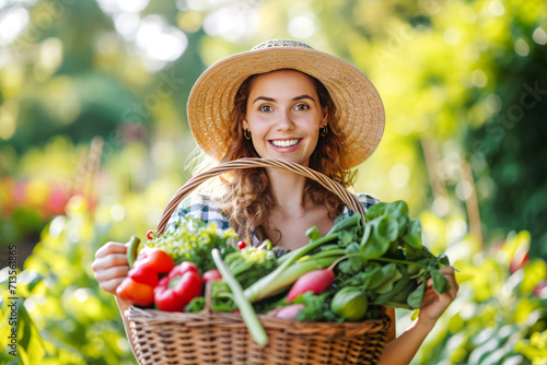 Smiling Woman with a Large Basket of Fresh Vegetables