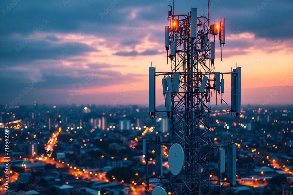 A cityscape at night, with cell tower with red lights glowing in the night sky. The tower is located in the foreground, and it is surrounded by a dense urban area.  - obrazy, fototapety, plakaty 
