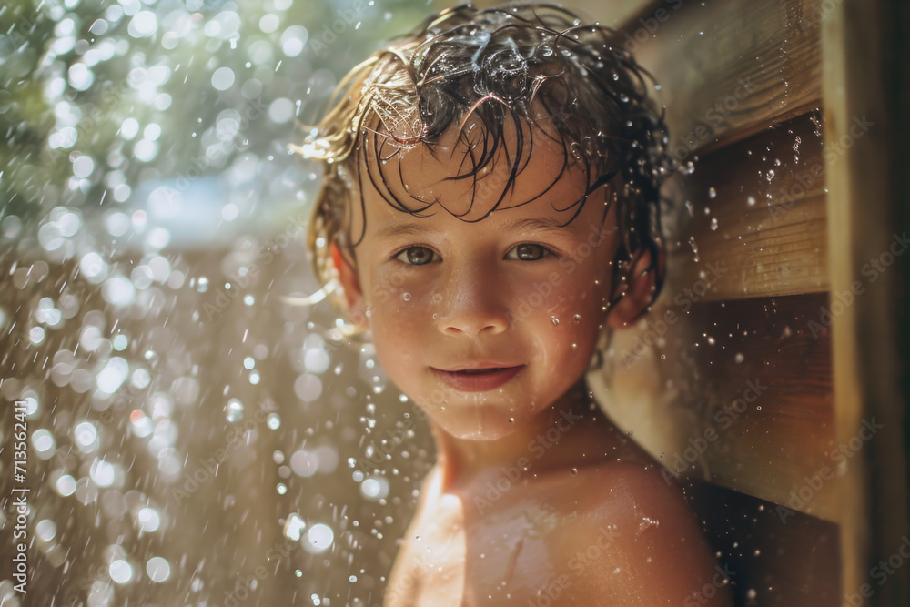 Fototapeta premium A young boy standing in the rain, with a sprinkle of water on his face. Suitable for weather-related concepts and emotions