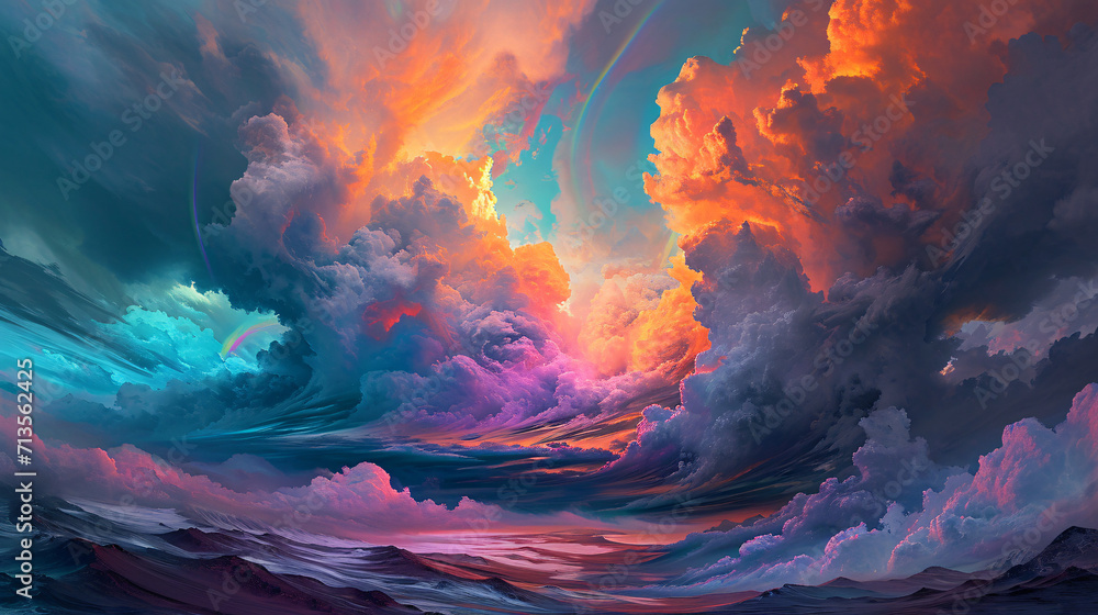 oil painting of huge colorful clouds in the vibrant sky - obrazy, fototapety, plakaty 