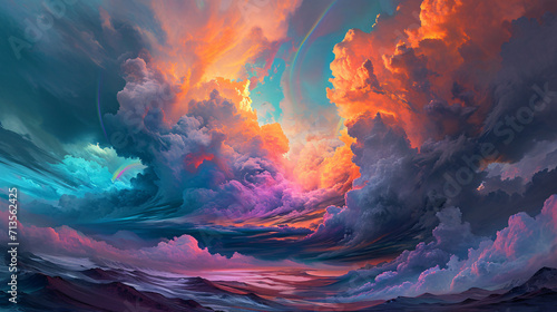 oil painting of huge colorful clouds in the vibrant sky #713562425