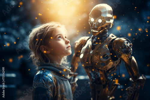 Cognitive_technologies_and_artificial_intelligence. A young blond caucasian girl is looking up to the light above with a robot humanoid standing on a side 