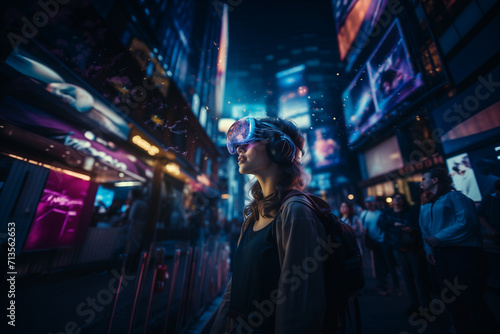 Enhanced reality technologies in the entertainment. Young caucasian girl is wearing virtual reality goggles in the big city. Brunette female is walking in the busy street with neon signs in the night photo