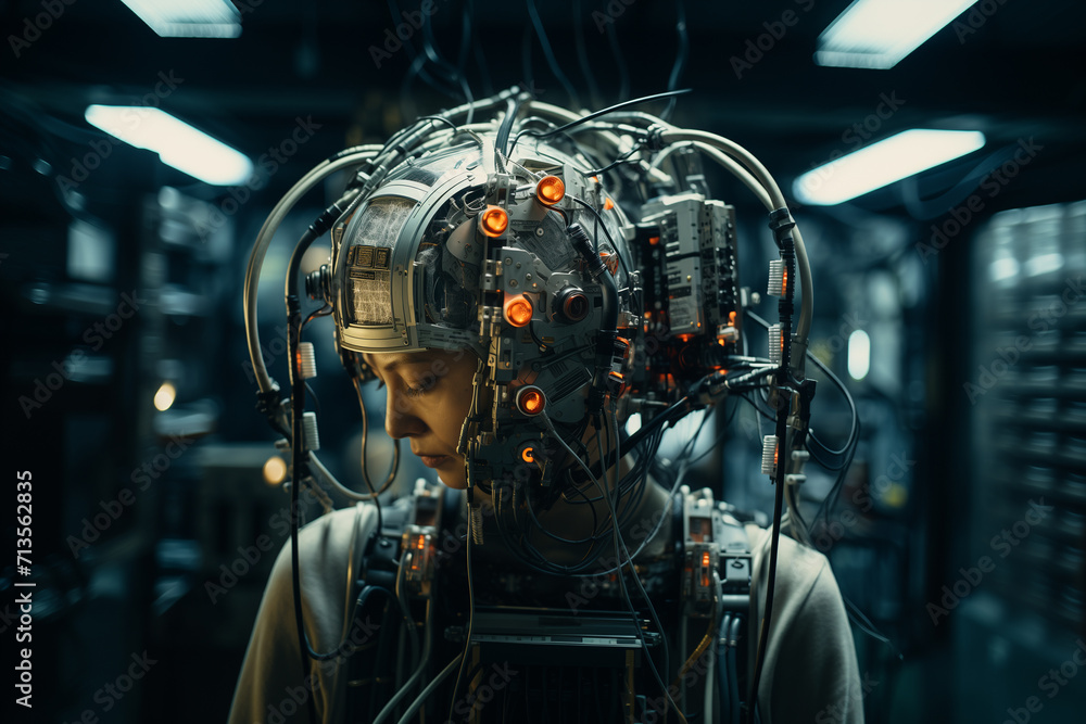 Neurocomputer interfaces. A woman is wearing brainwave scanning headset indoors. Futuristic scene of post-apocalyptic world