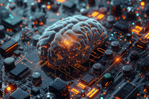 Artificial intelligence concept, electronic brain powered by processor. Integrated circuits come to life after an electric beam passes through them, an impulse.
Neurocomputer interfaces