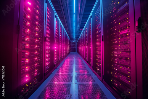 Data Center With Multiple Rows of Fully Operational Server Racks. Modern Telecommunications, Artificial Intelligence, Supercomputer Technology Concept. 