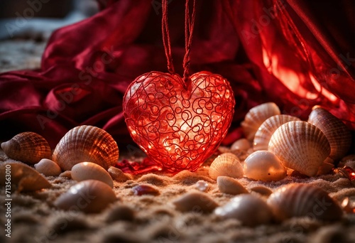 Among the white shells on the sandy beach lies a red openwork heart  with the coming from within  against the background of burgundy satin photo
