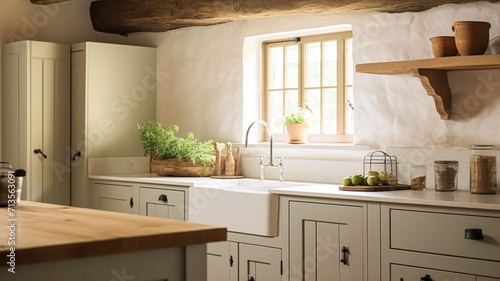 Farmhouse kitchen decor and interior design, English in frame kitchen cabinets in a country house, elegant cottage style © Anneleven