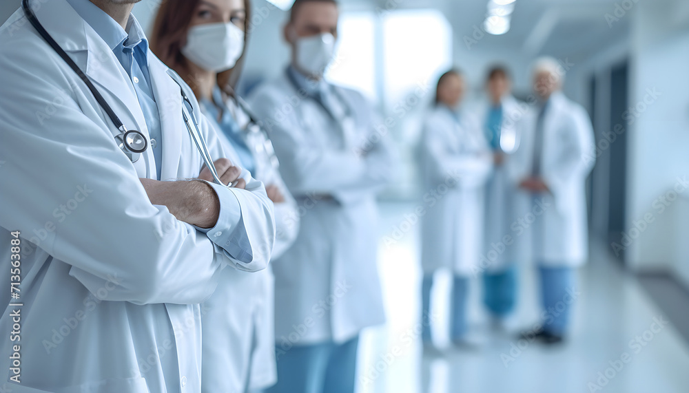 group of five doctors with stethoscope on white blurred hospital group of five doctors with stethoscope on white blurred hospital
