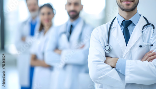group of five doctors with stethoscope on white blurred hospital