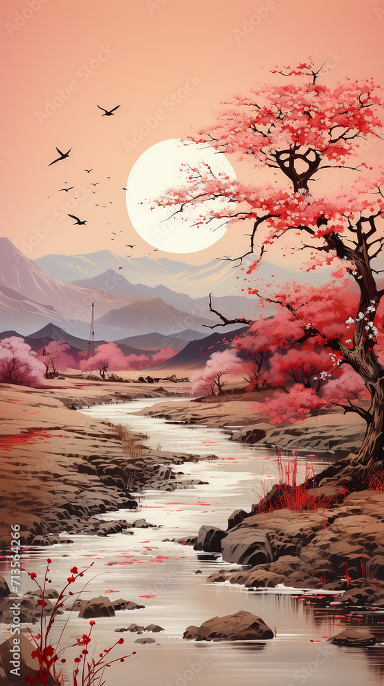 Painting of a stream flowing in a mountain valley through an autumn forest. Minimalism, poster art. Painting of a stream flowing in a mountain valley through an autumn forest. Minimalism, poster art.