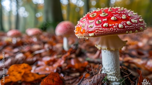 Macro close-up of Amanita muscaria, also known as fly agaric, featuring its iconic red and white spotted appearance