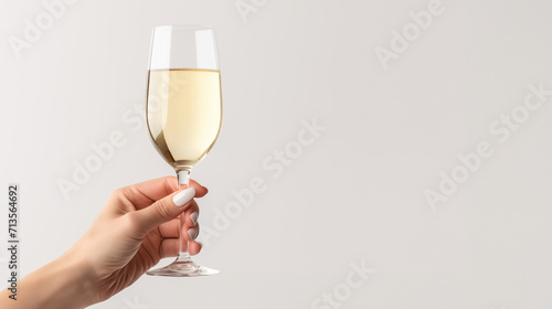 Woman cheering by champagne glass. Copy space