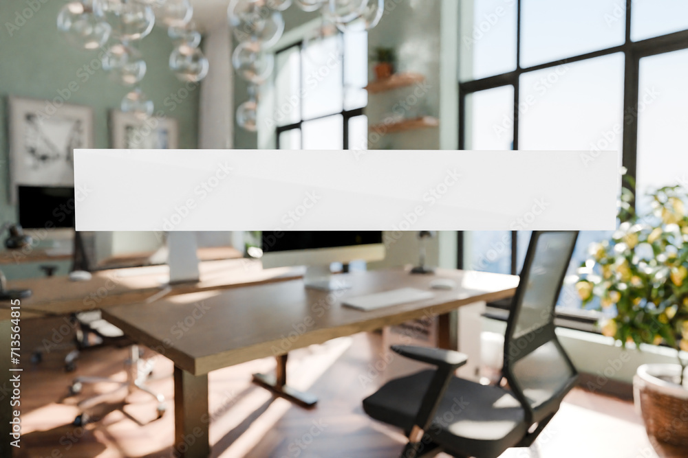 transparent text box in front of modern minimalistic pc workspace in luxurious loft office and panoramic view; remote work home office concept; bright daylight; 3D rendering transparent text box in front of modern minimalistic pc workspace in luxurious loft office and panoramic view; remote work home office concept; bright daylight; 3D rendering