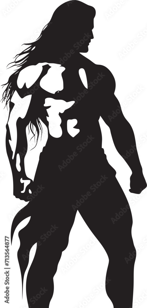 Hair Flip Dominance Vector Logo of Muscular Man Brawny Tress Titan Long Haired Bodybuilder Emblem